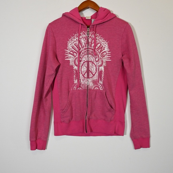 Billabong Y2K Pink Zip Up Hoodie Women's XL Peace Sign Bohemian Hippie Logo - Picture 10 of 14